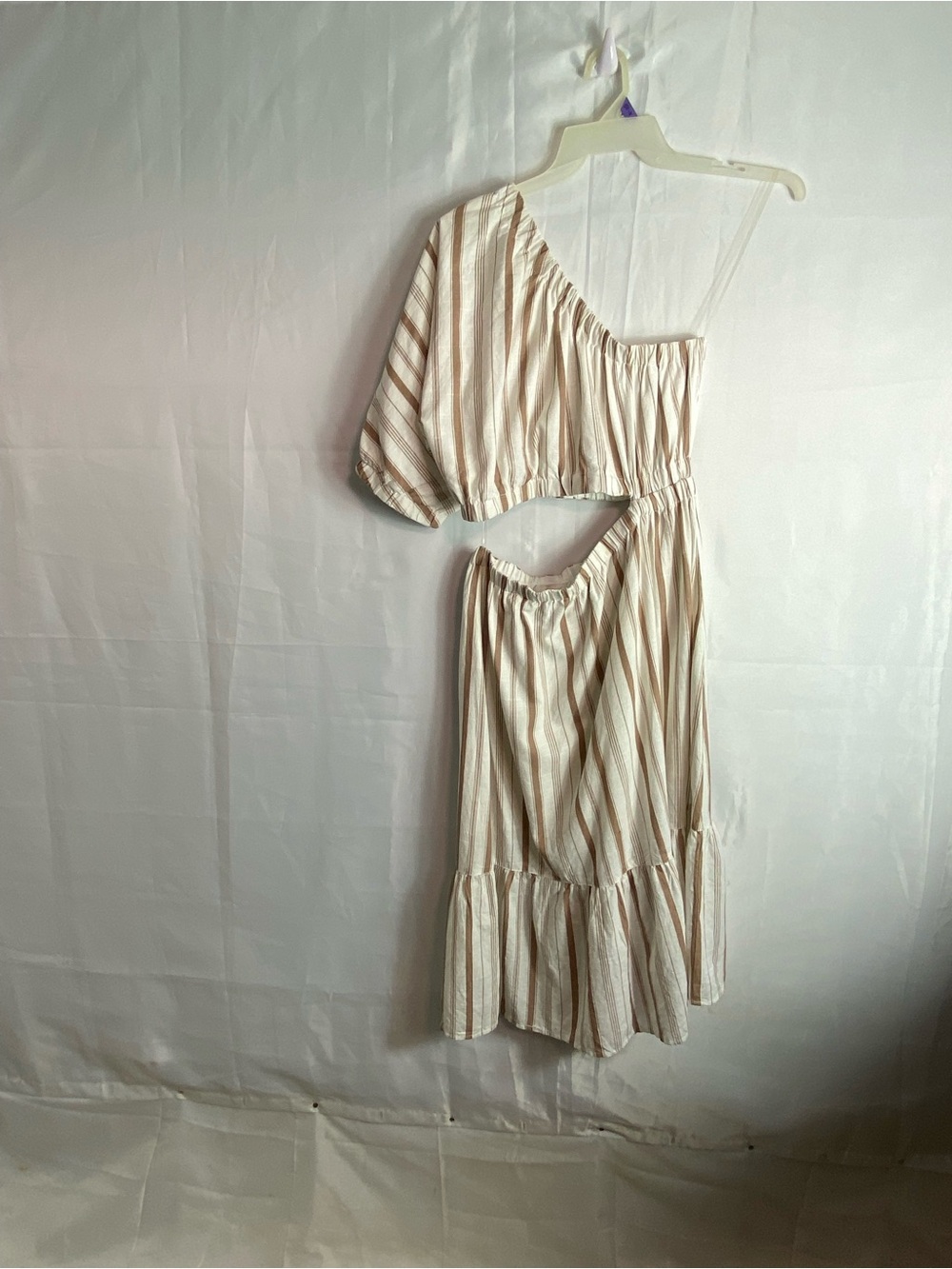One-Shoulder Cream Striped Midi Dress with Cutout